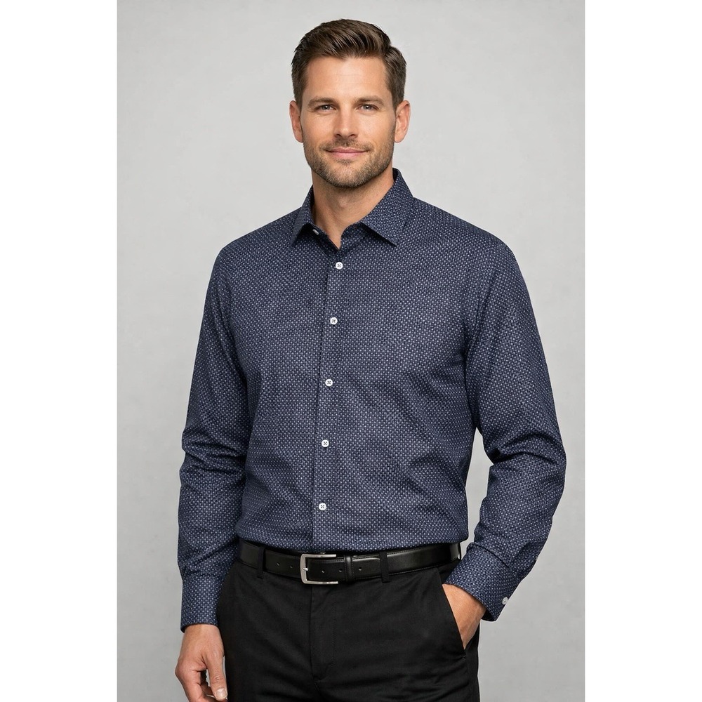 NWT Stacy Adams Navy Geometric Print Dress‎ Shirt Mens XXL (36/37) Modern Fit